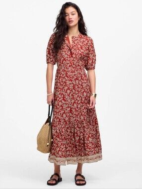 Madewell Pintucked Puff-Sleeve Midi Dress Floral Size 0